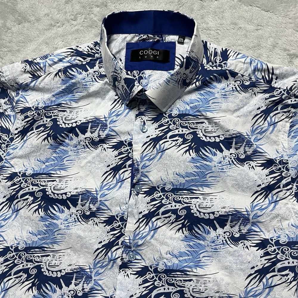 Coogi Luxe Shirt Mens 2XL SLIM‎ FIT Blue AOP Cotton Long Sleeve Button Up